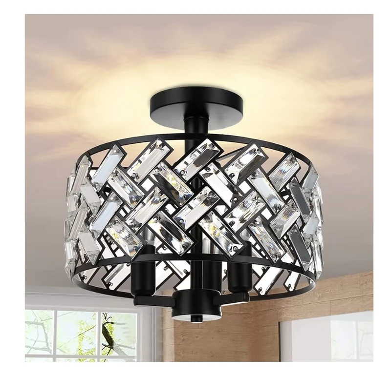 Semi Flush Mount Ceiling - 3-Light Crystal Fixture (Black)