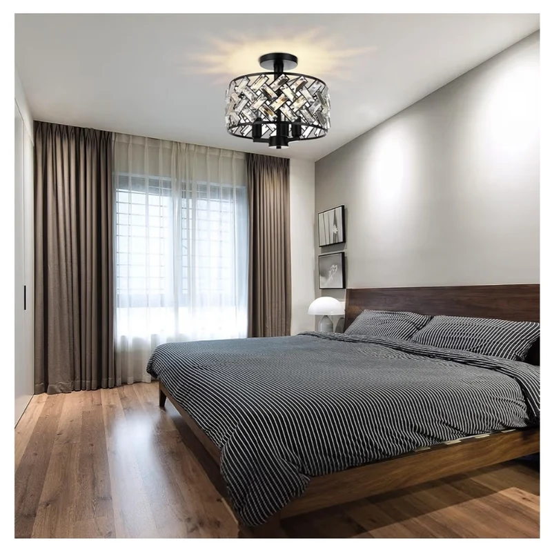 Semi Flush Mount Ceiling - 3-Light Crystal Fixture (Black)