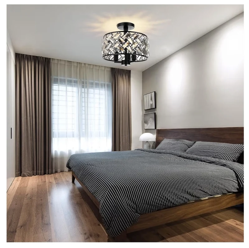 Semi Flush Mount Ceiling - 3-Light Crystal Fixture (Black)
