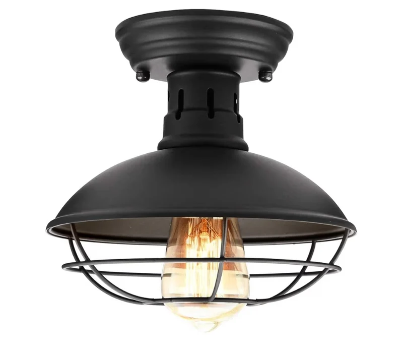 Flush Mount Ceiling Light Fixture Rustic Black Metal Cage Close to Ceiling Lamp E26 Base