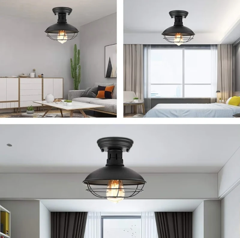 Flush Mount Ceiling Light Fixture Rustic Black Metal Cage Close to Ceiling Lamp E26 Base