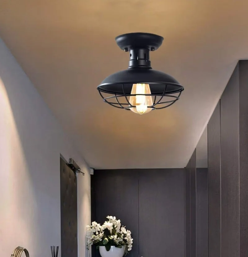 Flush Mount Ceiling Light Fixture Rustic Black Metal Cage Close to Ceiling Lamp E26 Base