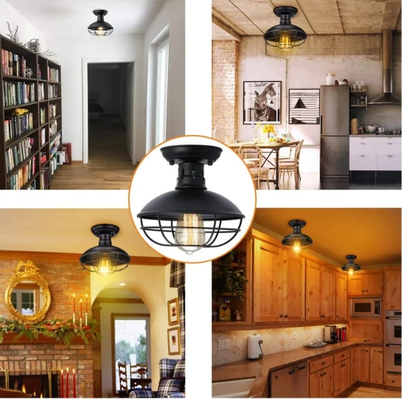 Flush Mount Ceiling Light Fixture Rustic Black Metal Cage Close to Ceiling Lamp E26 Base