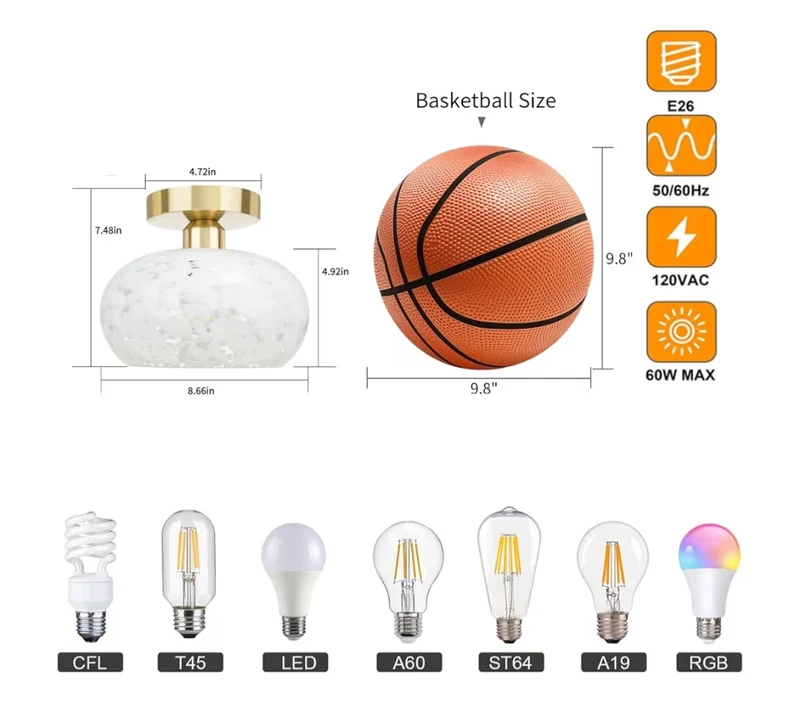 HOME Modern Semi Flush Mount Ceiling Light Glass Bedroom Light Fixture, Close to Ceiling, Hallway Light