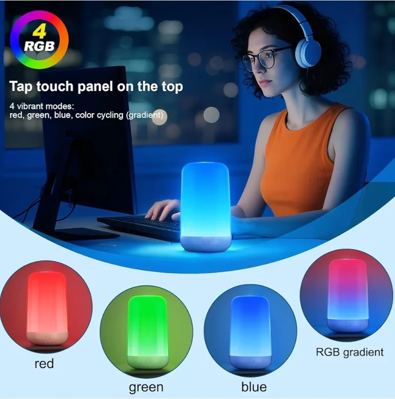 (2 Pack) RGB Touch Bedside Lamp for Nightstand, 3 Color Temperatures Rechargeable Battery Night Light, Dimmable Mood Lighting