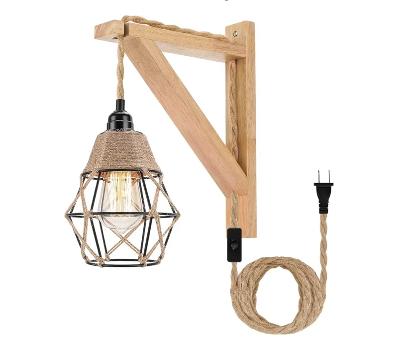 Wall Lamp with Plug in Cord - Hanging Lamps That Plug into Wall Outlet, Rustic Wall Mount Lamp with Wood Shelf Bracket & Switch Cord