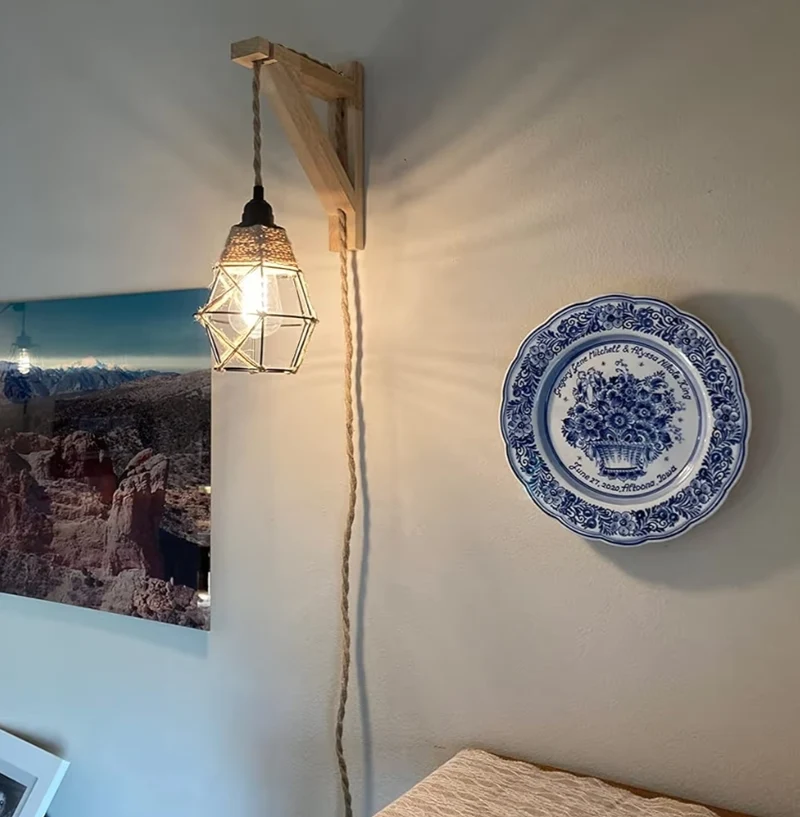 Wall Lamp with Plug in Cord - Hanging Lamps That Plug into Wall Outlet, Rustic Wall Mount Lamp with Wood Shelf Bracket & Switch Cord