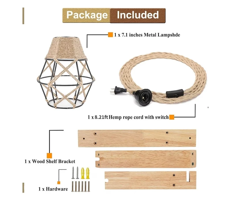 Wall Lamp with Plug in Cord - Hanging Lamps That Plug into Wall Outlet, Rustic Wall Mount Lamp with Wood Shelf Bracket & Switch Cord