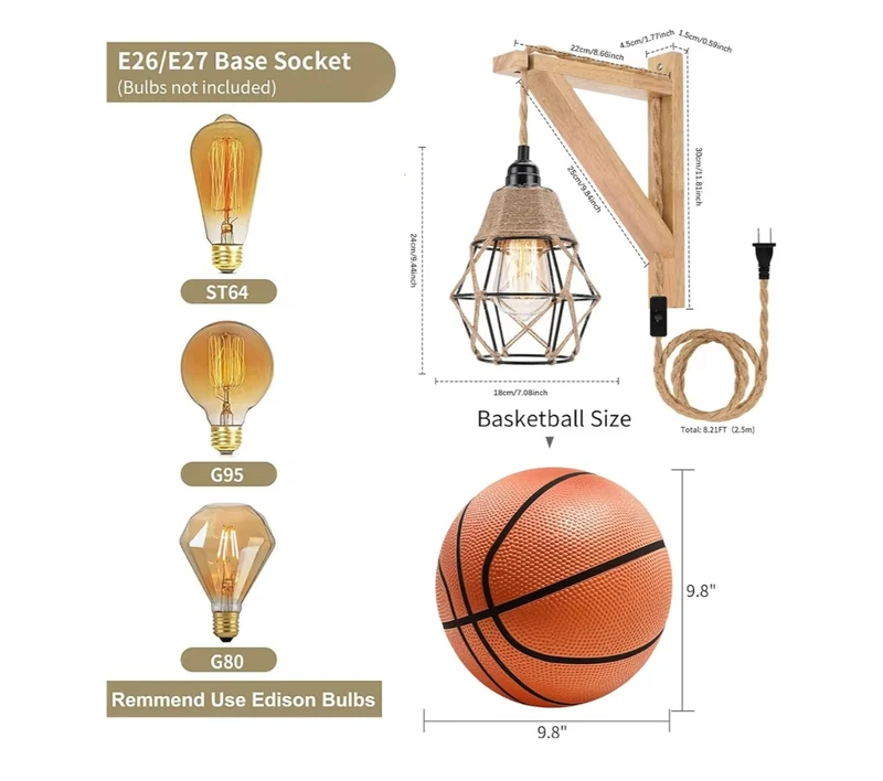 Wall Lamp with Plug in Cord - Hanging Lamps That Plug into Wall Outlet, Rustic Wall Mount Lamp with Wood Shelf Bracket & Switch Cord