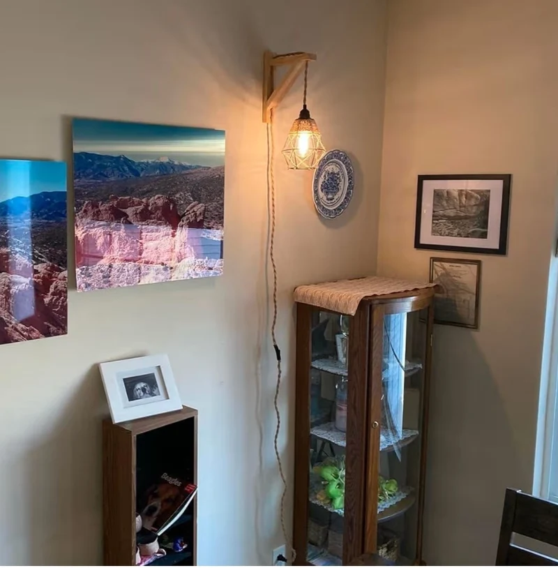Wall Lamp with Plug in Cord - Hanging Lamps That Plug into Wall Outlet, Rustic Wall Mount Lamp with Wood Shelf Bracket & Switch Cord