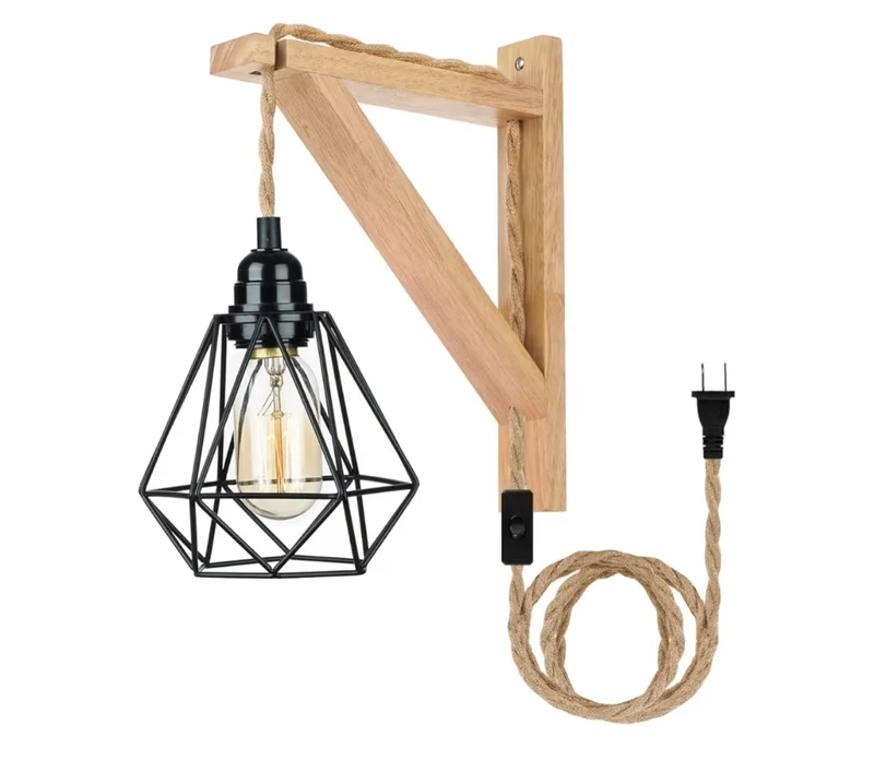 Hanging Lamps That Plug into Wall Outlet - Rustic Wall Mount Lamp with Wood Shelf Bracket & Switch
