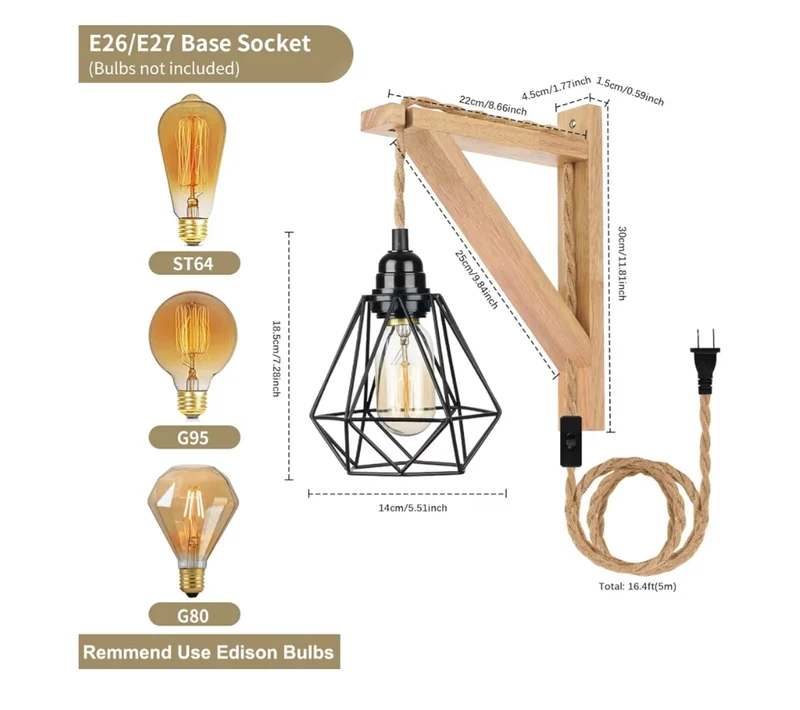 Hanging Lamps That Plug into Wall Outlet - Rustic Wall Mount Lamp with Wood Shelf Bracket & Switch