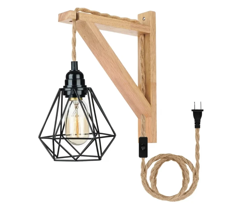 Hanging Lamps That Plug into Wall Outlet - Rustic Wall Mount Lamp with Wood Shelf Bracket & Switch