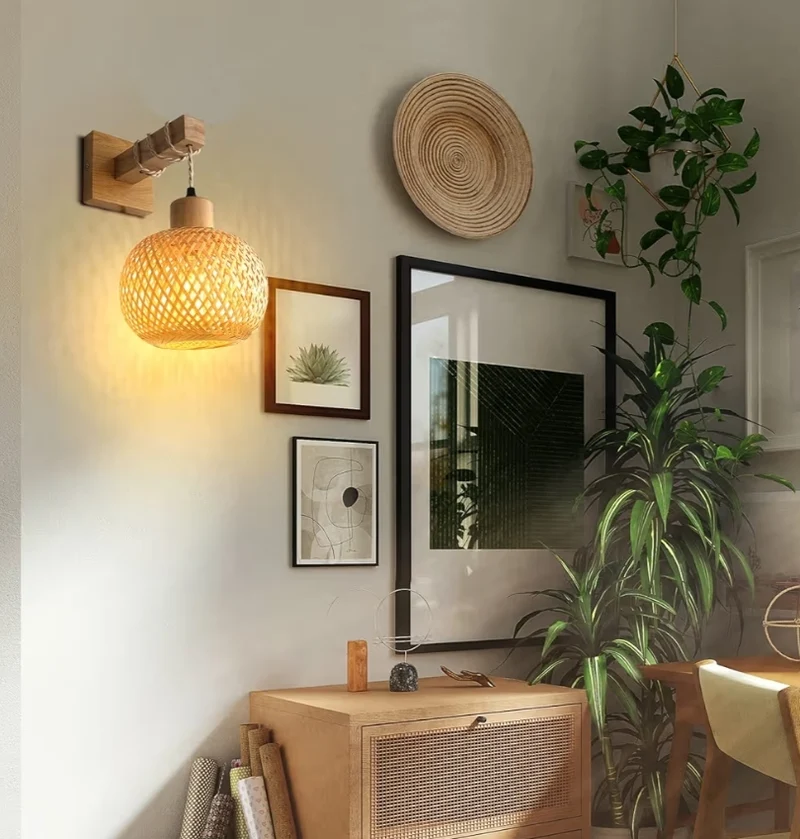 Rattan Wall Sconce Lighting Wall Mount Fixture Farmhouse Rustic Boho Vintage Rattan Lamps Bulb NOT Included