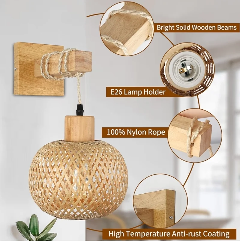 Rattan Wall Sconce Lighting Wall Mount Fixture Farmhouse Rustic Boho Vintage Rattan Lamps Bulb NOT Included