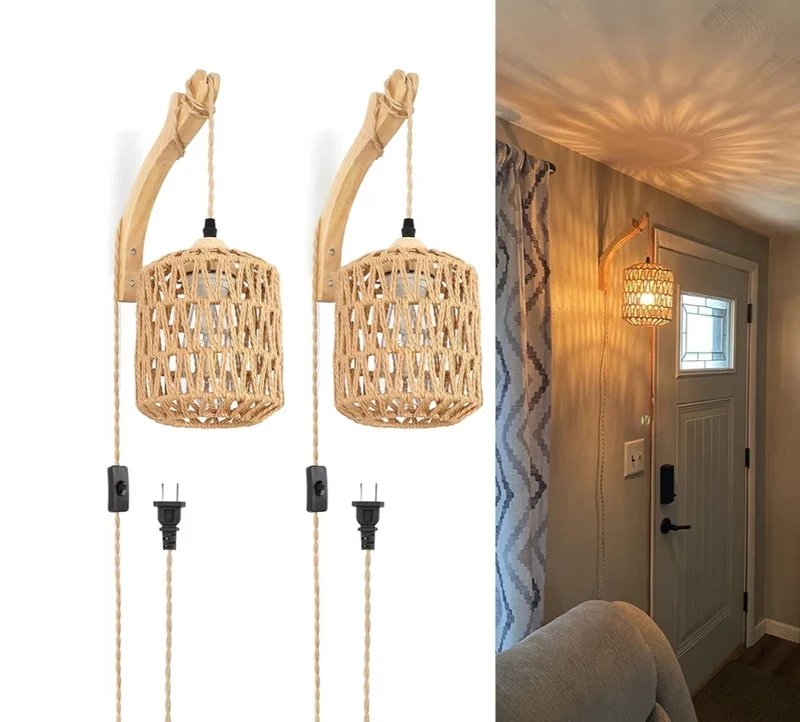 Hand Woven Rattan Lights Plug in Wall Sconces Boho Lighting Set of Two, Lamp with Cord, Mounted Light