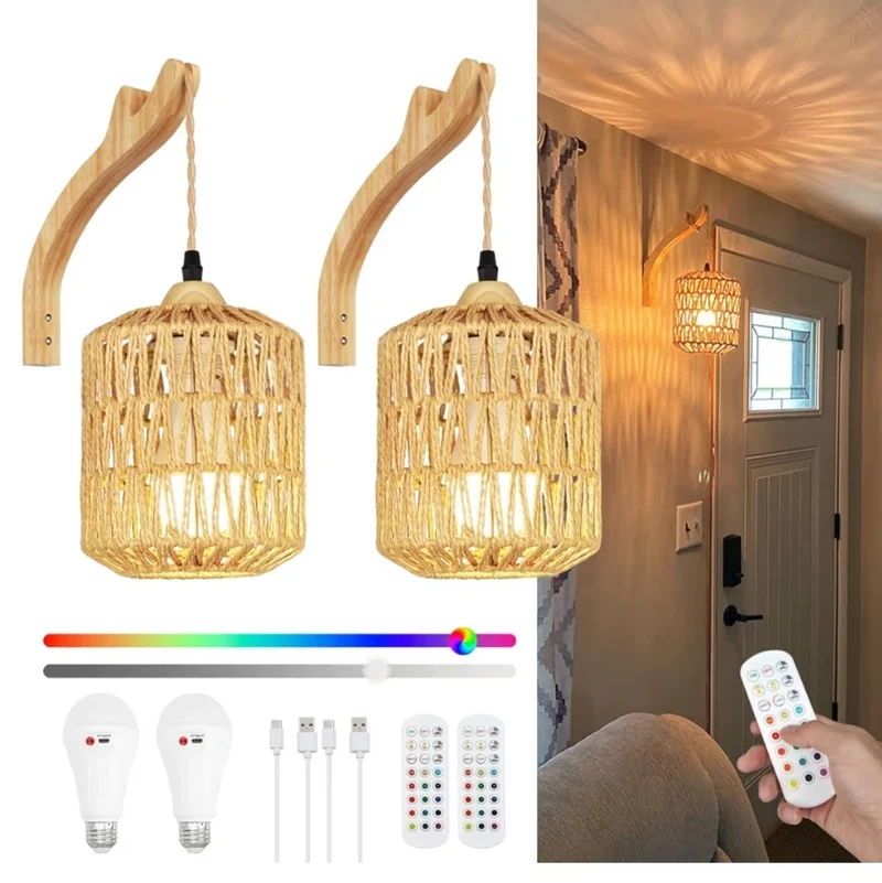Boho Rechargeable Wall Sconces Set of Two w/ Remote, RGB 15 Colors Dimmable Battery Operated Wall Light, Indoor Wireless Wall Lamp