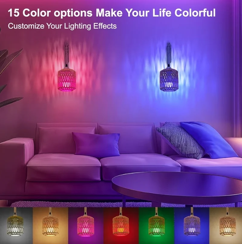 Boho Rechargeable Wall Sconces Set of Two w/ Remote, RGB 15 Colors Dimmable Battery Operated Wall Light, Indoor Wireless Wall Lamp