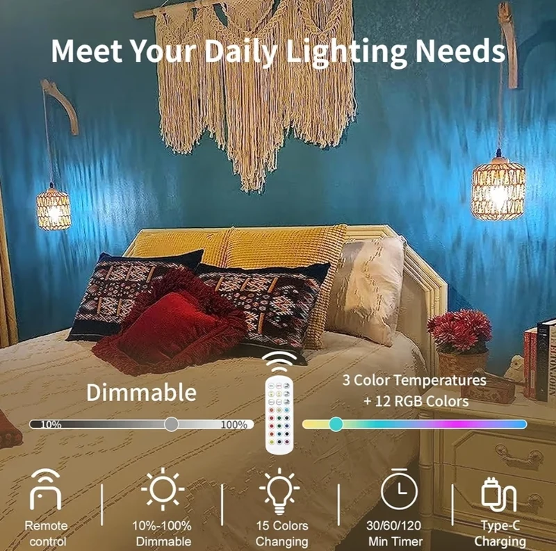 Boho Rechargeable Wall Sconces Set of Two w/ Remote, RGB 15 Colors Dimmable Battery Operated Wall Light, Indoor Wireless Wall Lamp