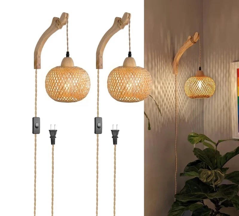 Bamboo Rattan Wall Sconces Set of Two Plug in Lamp with Plug in Cord, Light Fixtures w/ 9.84FT On/Off Switch Cord