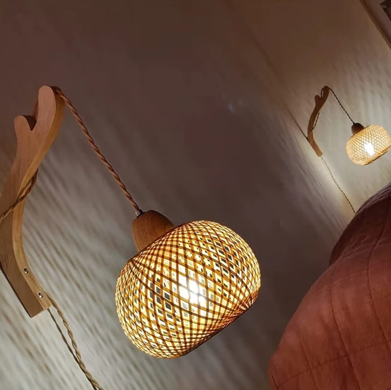 Bamboo Rattan Wall Sconces Set of Two Plug in Lamp with Plug in Cord, Light Fixtures w/ 9.84FT On/Off Switch Cord