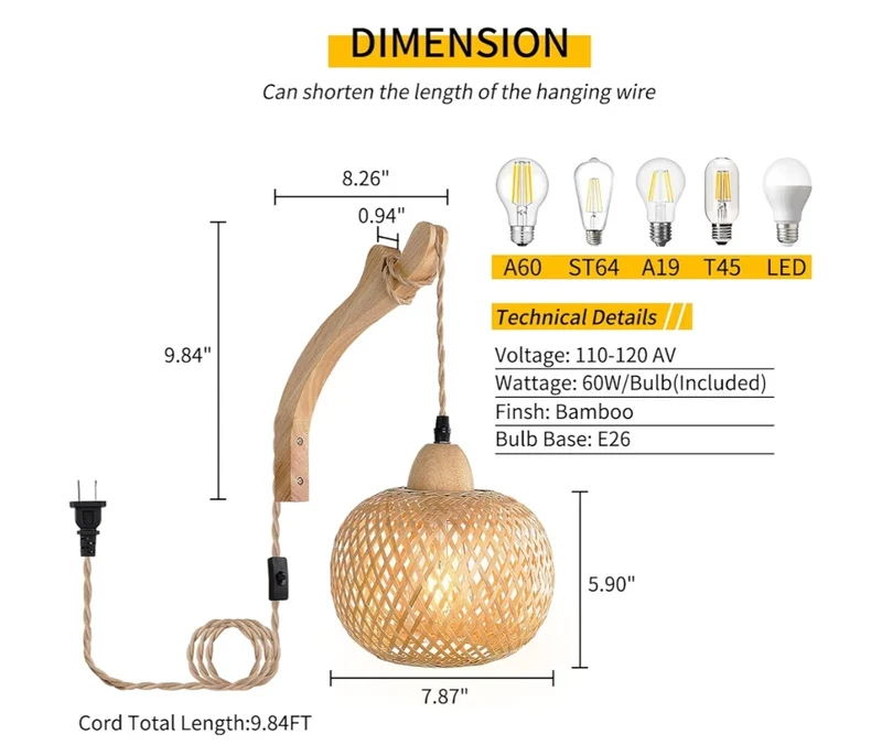 Bamboo Rattan Wall Sconces Set of Two Plug in Lamp with Plug in Cord, Light Fixtures w/ 9.84FT On/Off Switch Cord