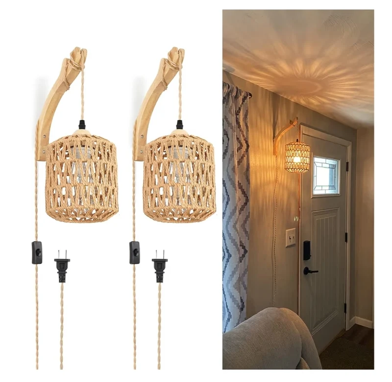 Hand Woven Rattan Lights Plug in Wall Sconces Set of Two, Lamp w/ Cord, Mounted Light