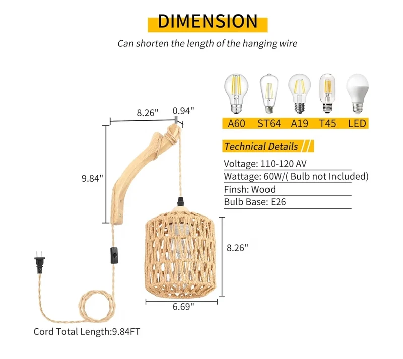 Hand Woven Rattan Lights Plug in Wall Sconces Set of Two, Lamp w/ Cord, Mounted Light
