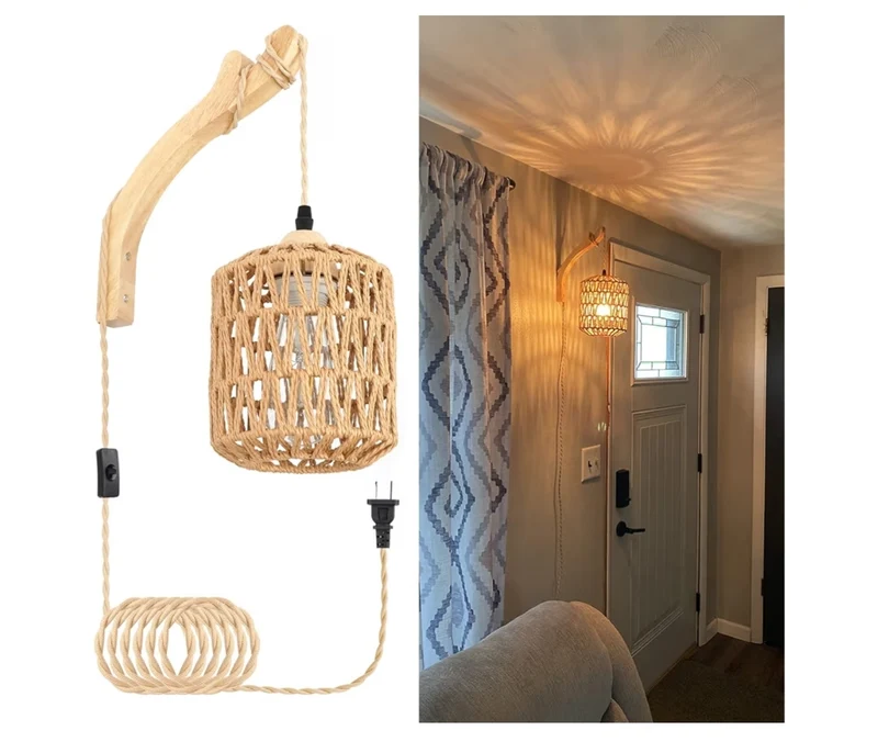 Rattan Wall Lamp w/ Plug in Cord Hand Woven Plug in Wall Sconces Paper Rope Wall Light Mounted
