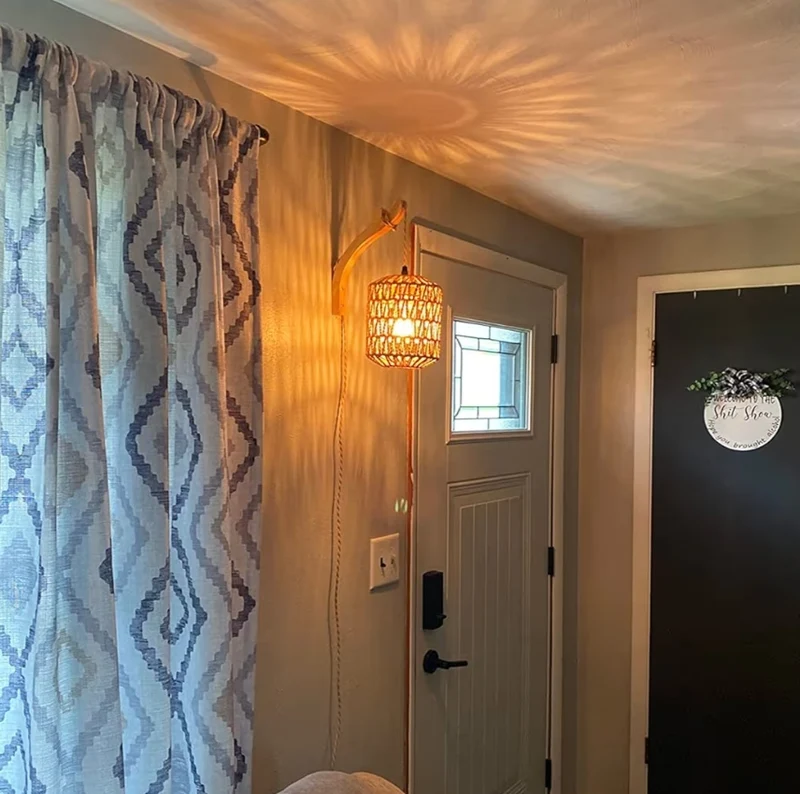 Rattan Wall Lamp w/ Plug in Cord Hand Woven Plug in Wall Sconces Paper Rope Wall Light Mounted