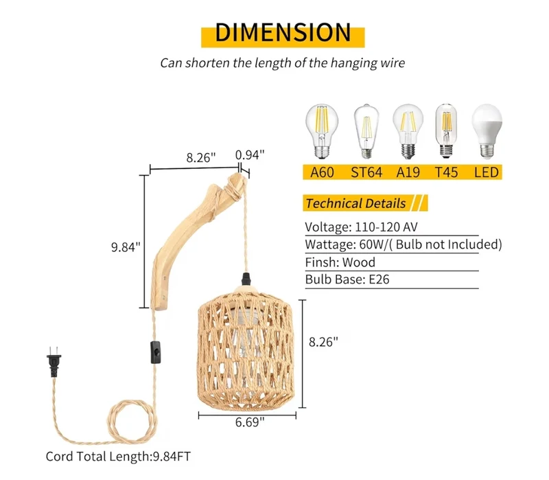 Rattan Wall Lamp w/ Plug in Cord Hand Woven Plug in Wall Sconces Paper Rope Wall Light Mounted