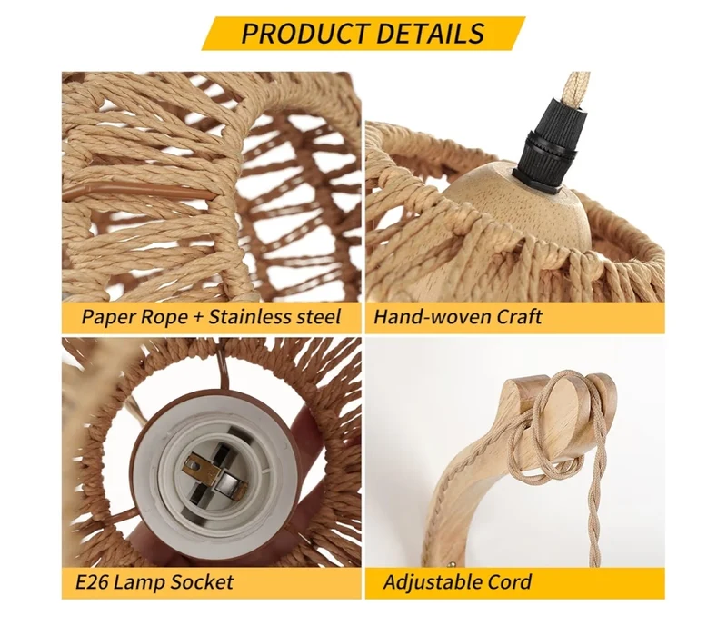 Rattan Wall Lamp w/ Plug in Cord Hand Woven Plug in Wall Sconces Paper Rope Wall Light Mounted