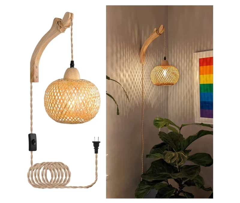 Bamboo Lantern Plug in Wall Sconces Wicker Wall Lamp w/ Plug in Cord Hand Woven Rattan Wall Light Rustic
