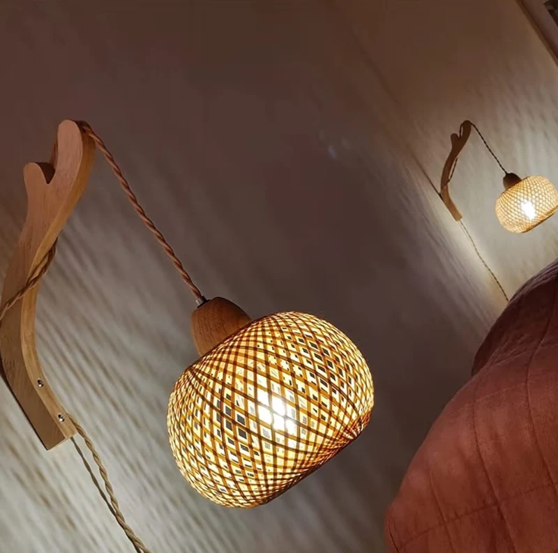 Bamboo Lantern Plug in Wall Sconces Wicker Wall Lamp w/ Plug in Cord Hand Woven Rattan Wall Light Rustic