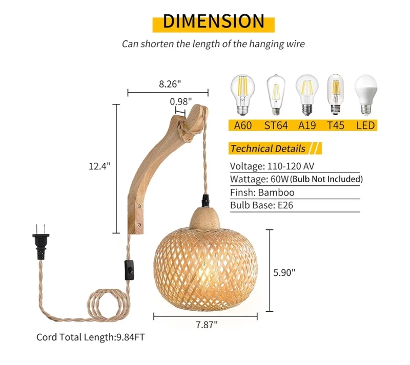 Bamboo Lantern Plug in Wall Sconces Wicker Wall Lamp w/ Plug in Cord Hand Woven Rattan Wall Light Rustic
