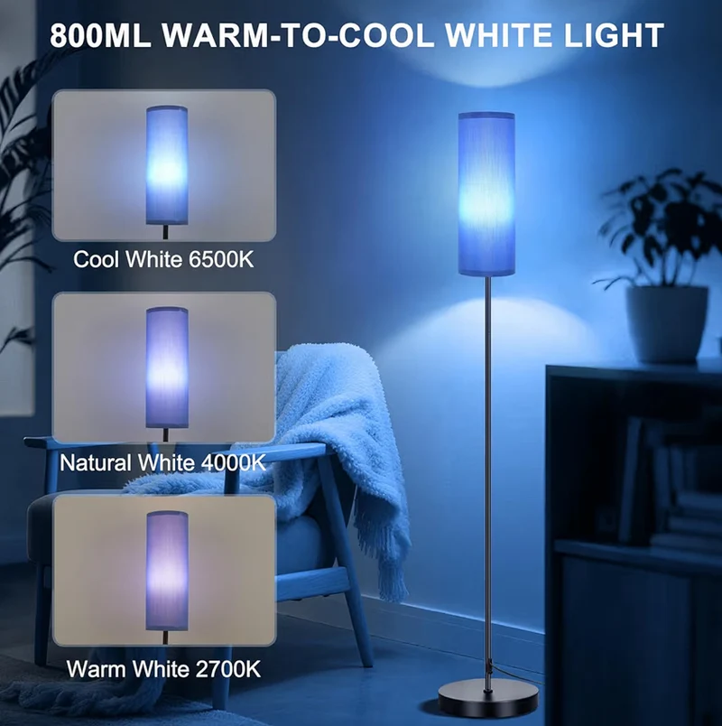 Floor Lamps Dimmable 3 Colors Temperature & Brightness, Tall Standing Lamps w/ Multicolor, 800LM, 9W RGB LED Bulb - Navy Blue Shade