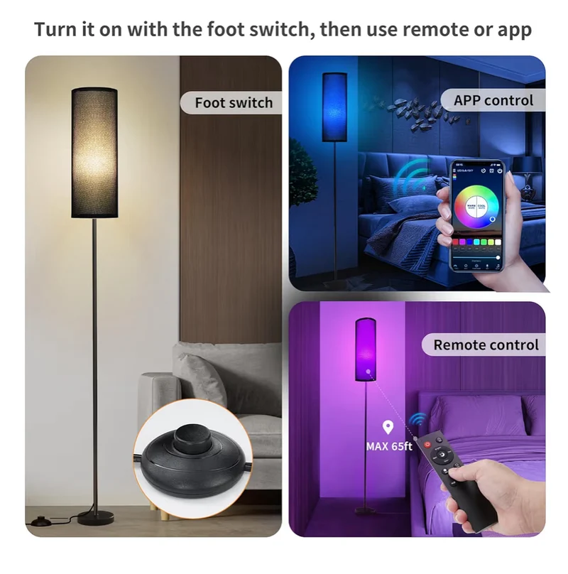 Black- Floor Lamps 9W RGB LED Bulb Modern Floor Lamps, Dimmable Colors Temperature & Brightness Tall Standing Lamps, Foot Switch