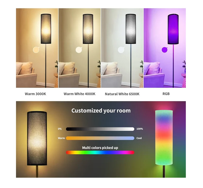 Black- Floor Lamps 9W RGB LED Bulb Modern Floor Lamps, Dimmable Colors Temperature & Brightness Tall Standing Lamps, Foot Switch