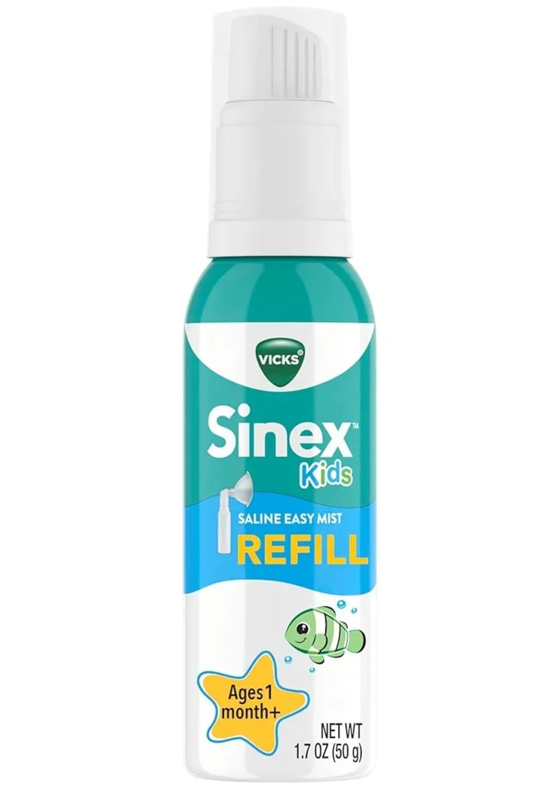 Vicks Sinex Kids Saline Easy Mist Refill, Drug Free Saline, Gently Clears and Soothes Everyday Stuffy Noses, Safe for Daily Use (1.7oz)