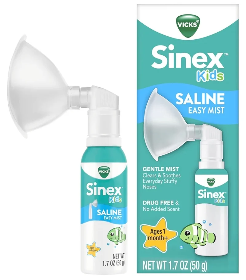 Vicks Sinex Kids Saline Easy Mist, Drug Free Saline, Gently Clears and Soothes Everyday Stuffy Noses, Safe for Daily Use (1.7oz)