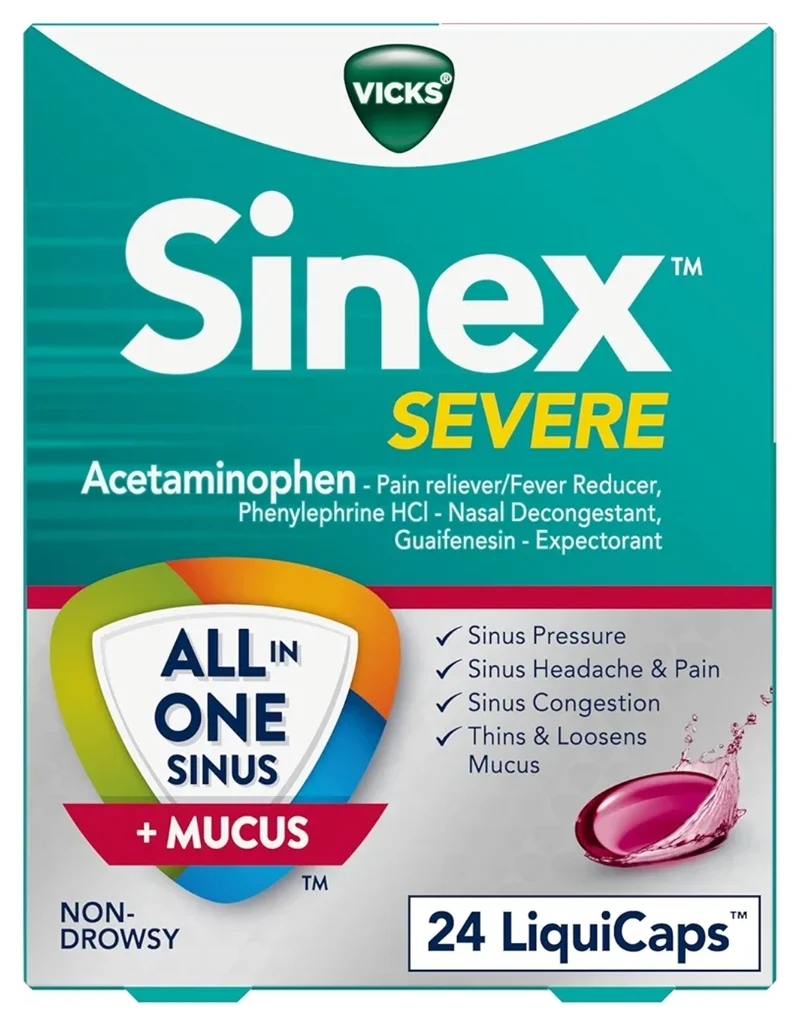 Vicks Sinex SEVERE, All-In-One Sinus + Mucus Relief, Non-Drowsy,Maximum Strength Relief of Pain