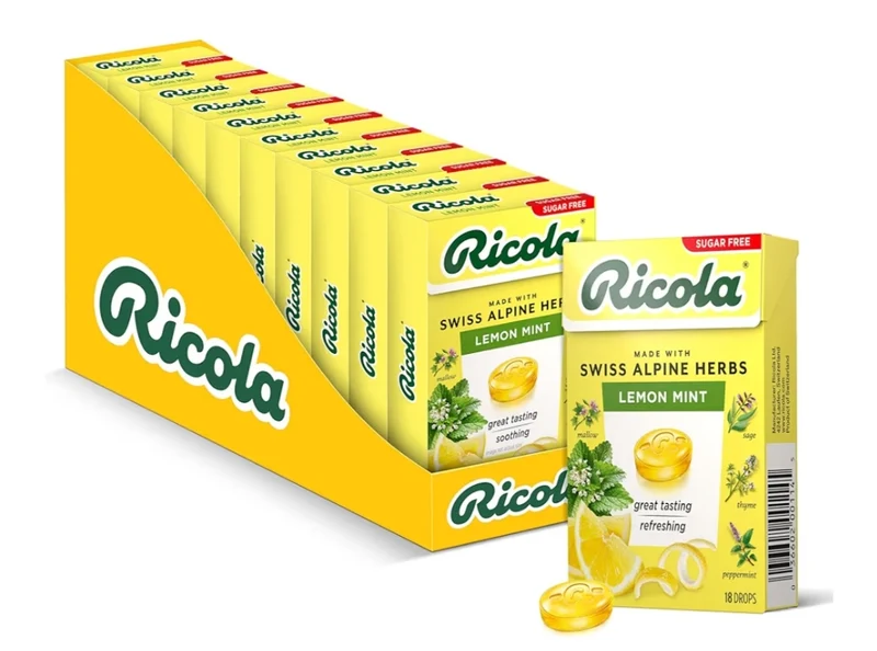 Ricola Box Sugar Free Lemon Mint Travel Sized Voice Refreshment, 18 Drops Per Box (Pack of 10)