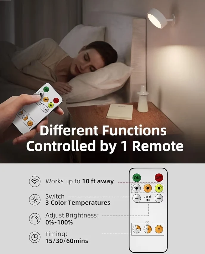 LED Wall Mounted Lights, 5500mAh Rechargeable 3 Color Temps & Remote and Touch Control, 360°Rotation Dimmable Cordless (White)