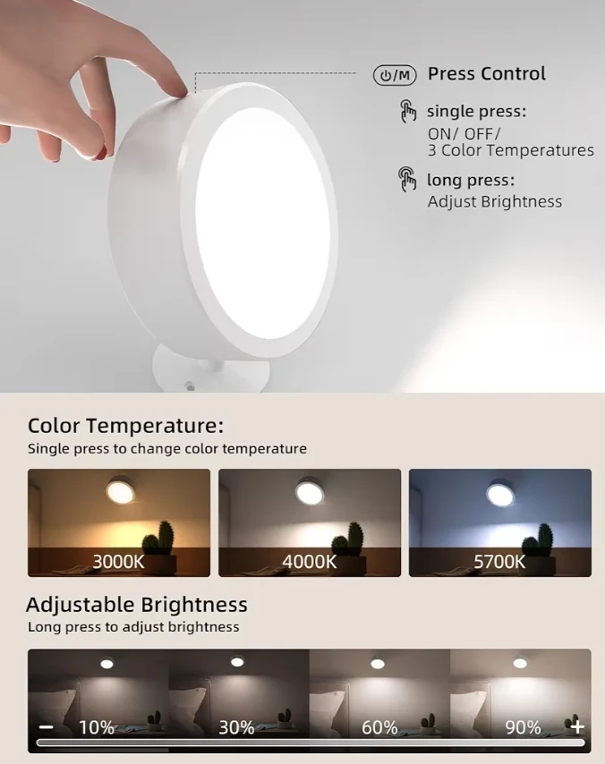 LED Wall Mounted Lights, 5500mAh Rechargeable 3 Color Temps & Remote and Touch Control, 360°Rotation Dimmable Cordless (White)