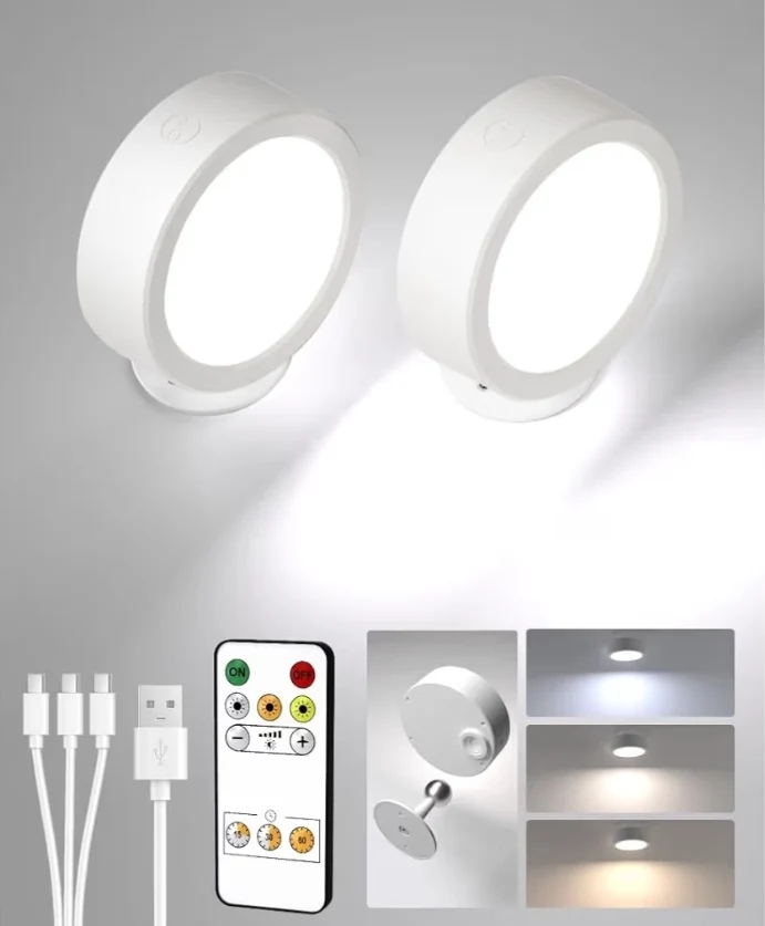 LED Wall Mounted Lights, 2 Pack 5500mAh Rechargeable Remote and Touch Control, 360°Rotation Dimmable Cordless (White)