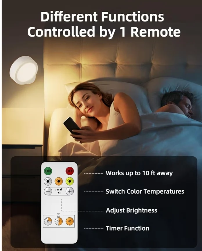 LED Wall Mounted Lights, 2 Pack 5500mAh Rechargeable Remote and Touch Control, 360°Rotation Dimmable Cordless (White)