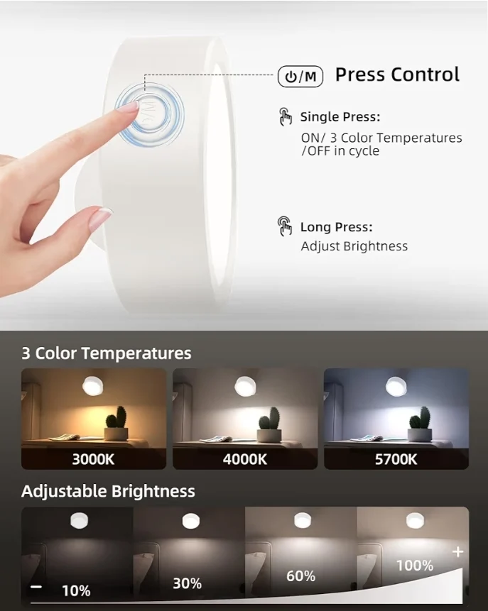 LED Wall Mounted Lights, 2 Pack 5500mAh Rechargeable Remote and Touch Control, 360°Rotation Dimmable Cordless (White)
