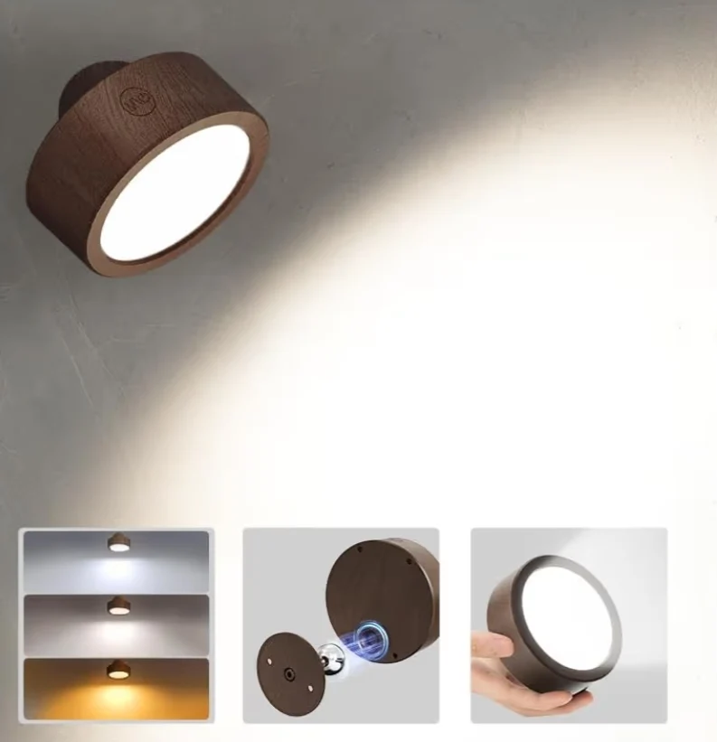 LED Wall Mounted Lights, 5500mAh Rechargeable Remote and Touch Control, 360°Rotation Dimmable Cordless (1 PC- Walnut)