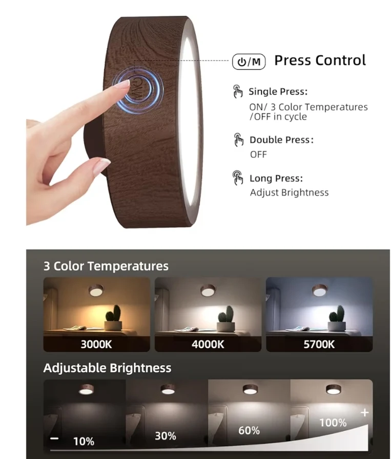 LED Wall Mounted Lights, 5500mAh Rechargeable Remote and Touch Control, 360°Rotation Dimmable Cordless (1 PC- Walnut)