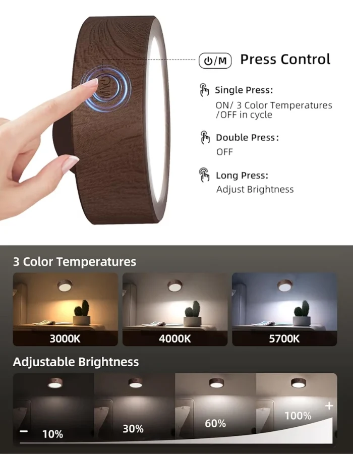 LED Wall Mounted Lights, 5500mAh Rechargeable 3 Color Temps & Remote and Touch Control, 360°Rotation Dimmable Cordless (3PK Walnut)